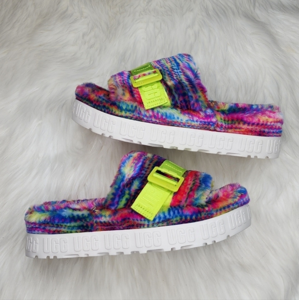 UGG Fluffita Slipper Sandals White Pixelate Multi Color Rainbow - Picture 5 of 16